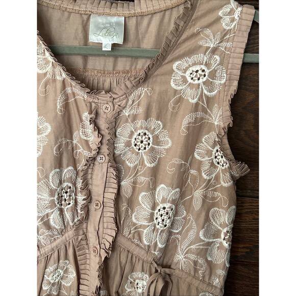 LuPruia Tan Cream Floral Embroidered Eyelet Cotton Button Front Dress Sz L Pleat - Picture 4 of 12